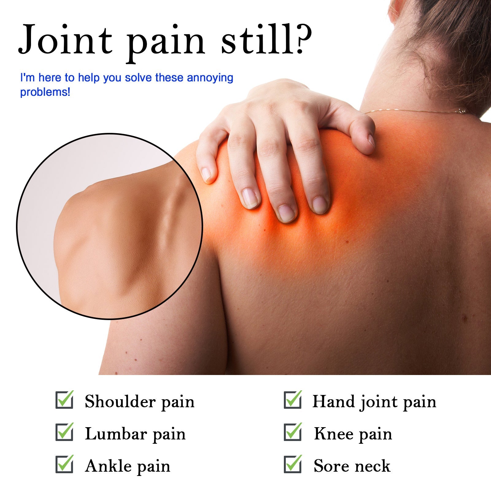Shoulder with inflammation highlighted in orange-red; inset magnified comparison; checklist of pain conditions