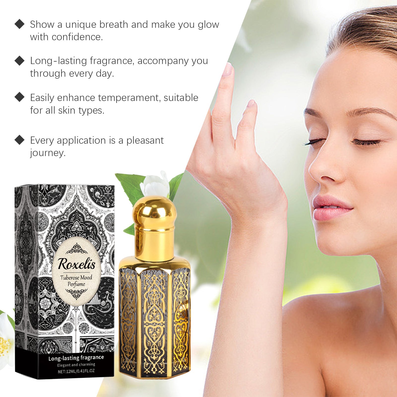 Product with packaging alongside bullet-point claims and lifestyle imagery of woman applying perfume in natural setting