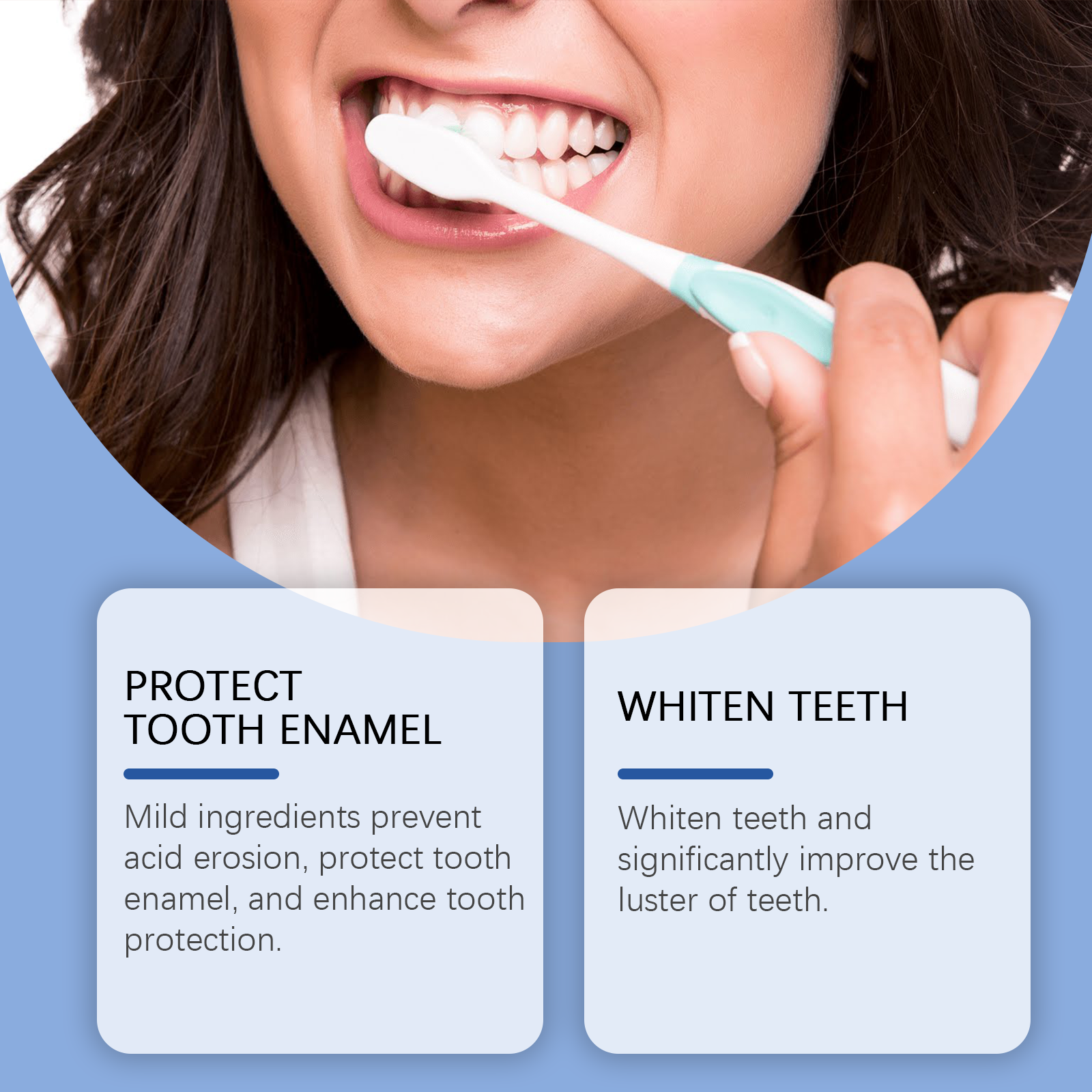 Woman's smile showing bright white teeth next to product and box against blue gradient background