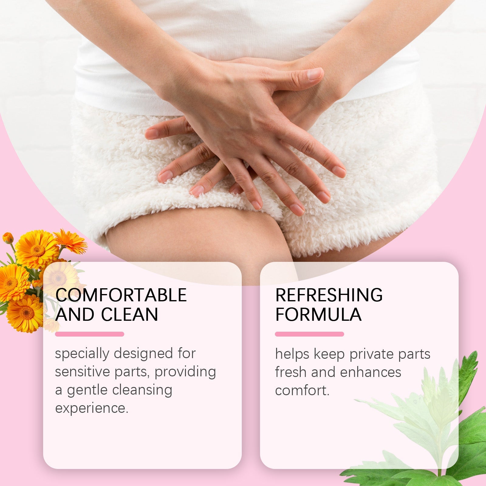 Hands on white towel with text blocks highlighting 'Comfortable and Clean' and 'Refreshing Formula'