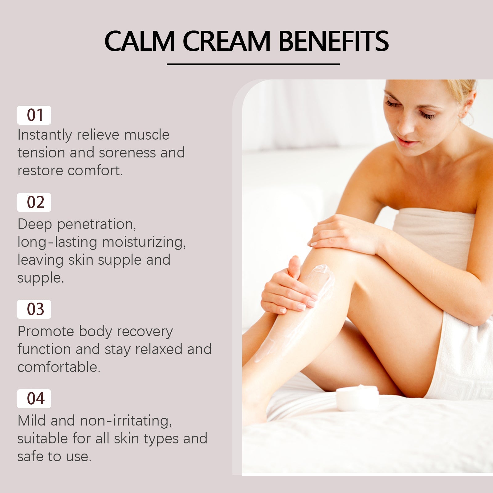 Infographic detailing four key benefits: muscle relief, deep moisturizing, body recovery, skin gentleness