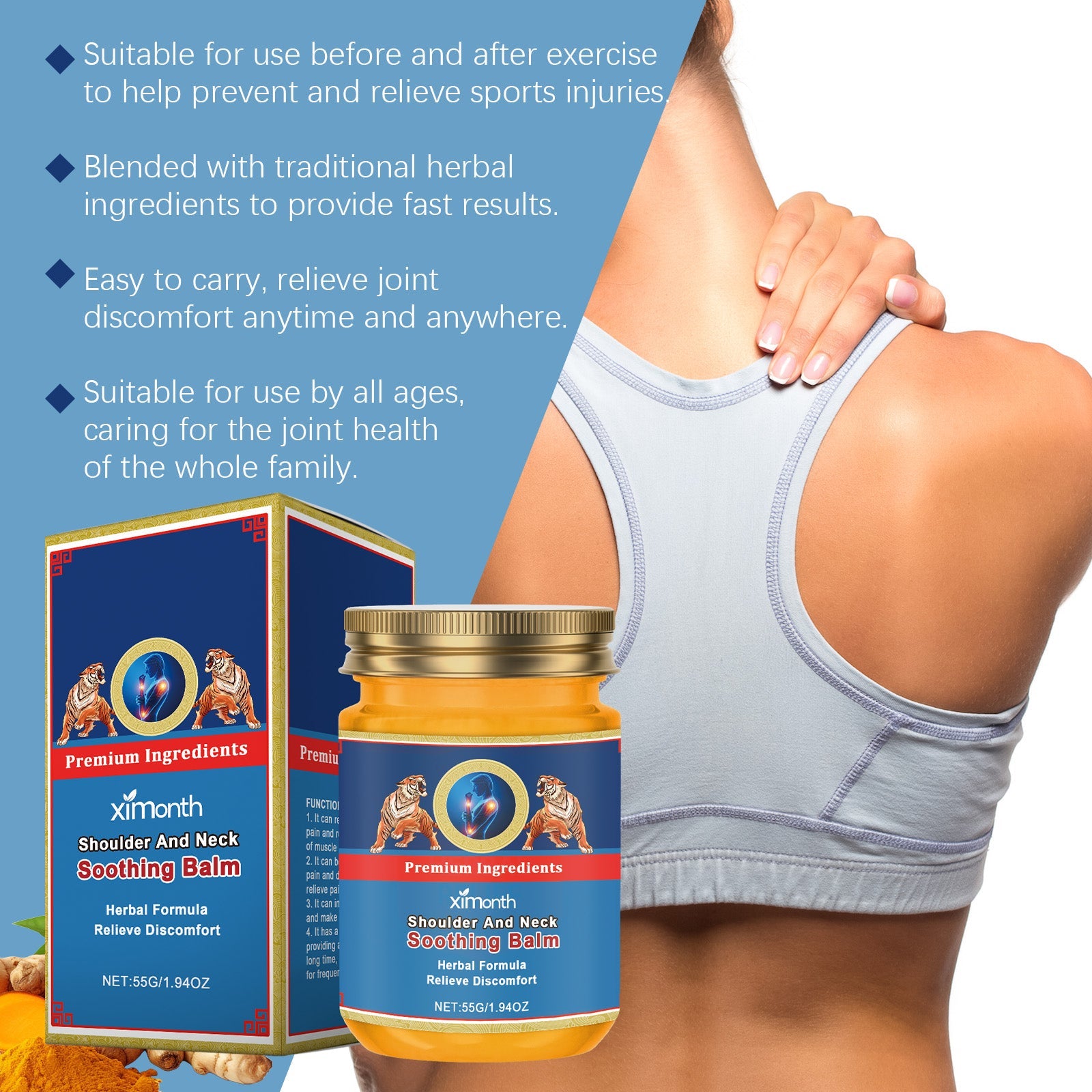 Text benefits with bullet points: pre/post-exercise use, herbal ingredients, portable, suitable for all ages, with product jar visible