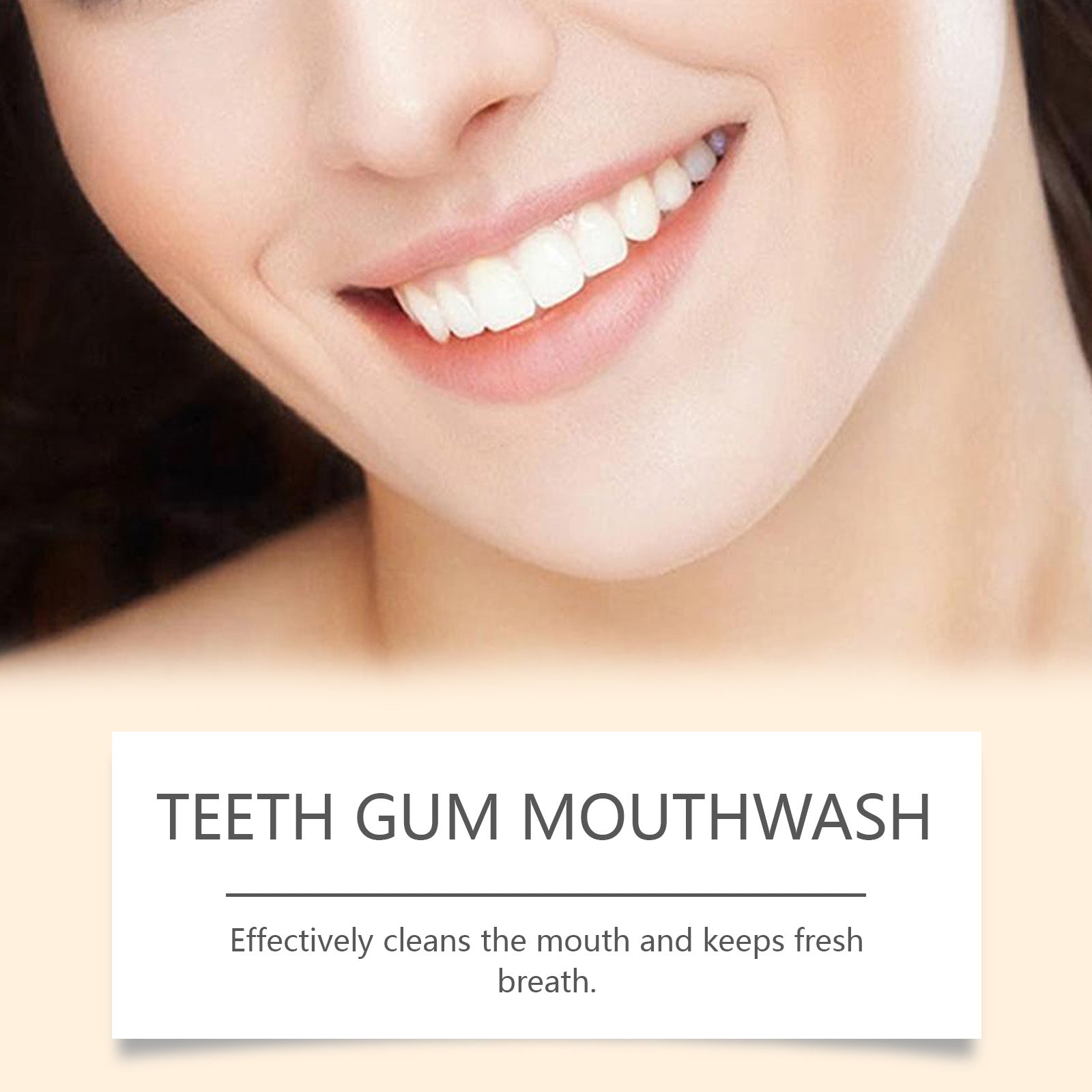 Close-up of healthy smile with bright white teeth and pink gums with product benefit text