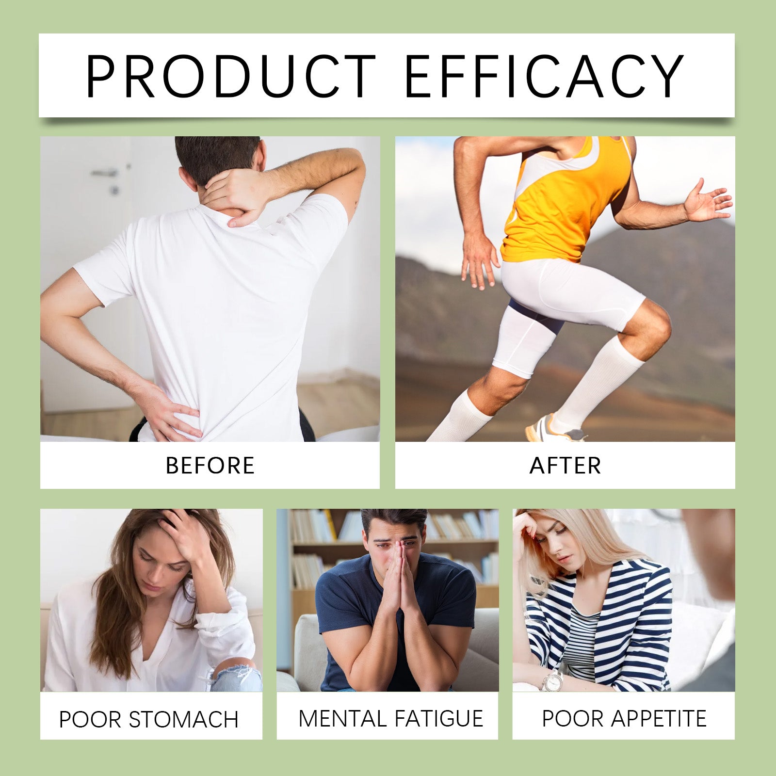 Athletic male runner in blue shirt against blue sky with green powder burst; two benefit cards: Natural Detoxification and Reduce Inflammation
