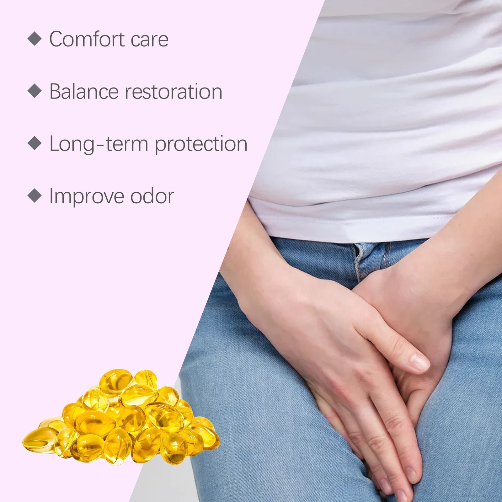 Woman in casual wear touching intimate area with text listing benefits: comfort care, balance restoration, long-term protection, improve odor, with golden capsule pile