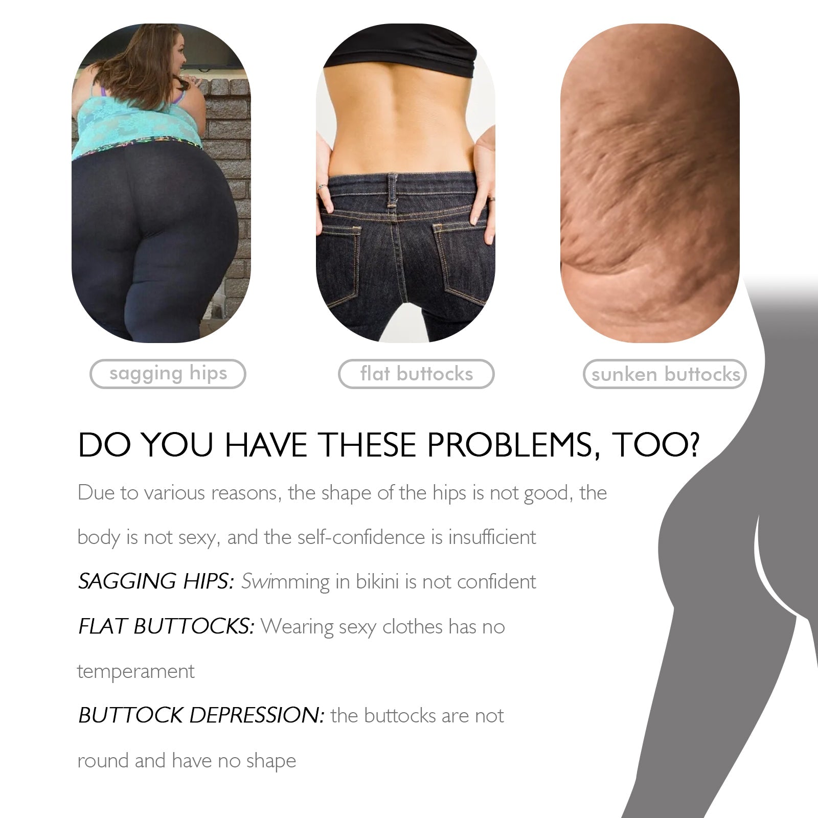 Three problem categories illustrated: sagging hips with blue waistband, flat buttocks in denim, and cellulite texture on skin with explanatory text below