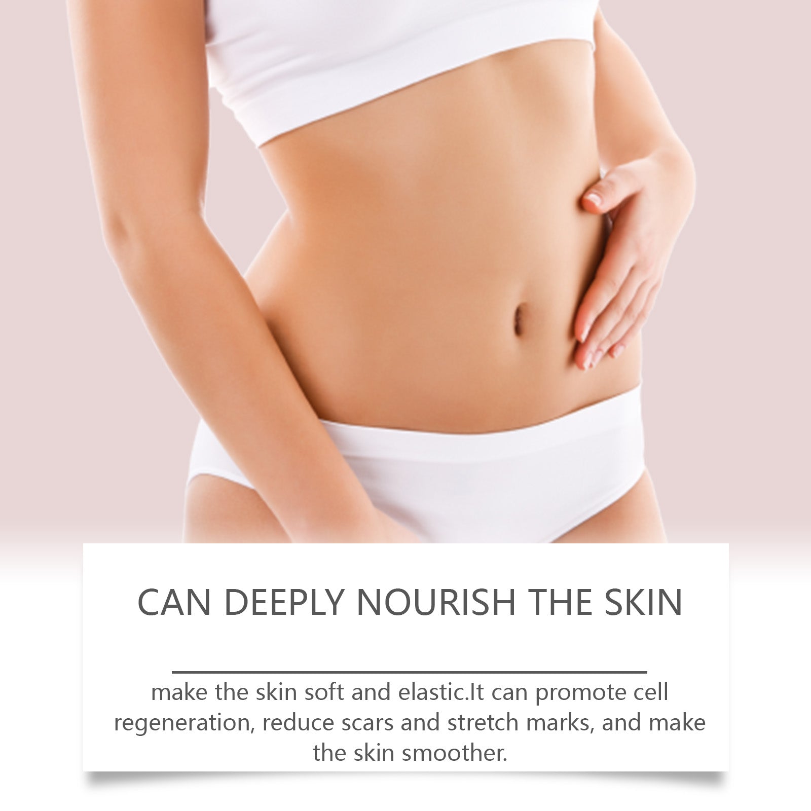Close-up of woman's hands massaging abdomen with visible glowing skin; two benefit cards emphasizing 'NOURISHING AND REPAIRING' and 'PAIN RELIEF' with botanical ingredients displayed