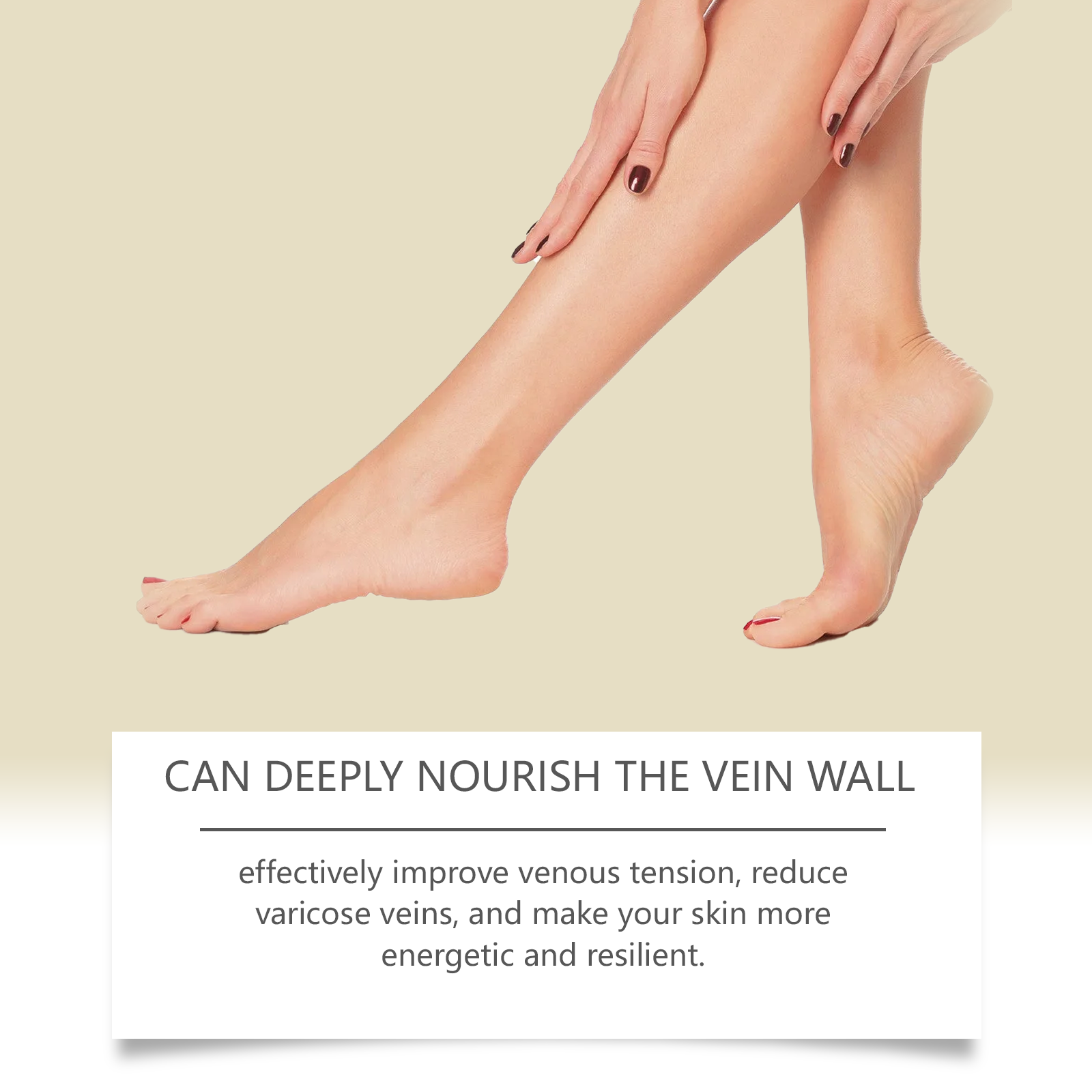 Infographic showing four numbered benefits with close-up of leg being treated against burgundy curved background