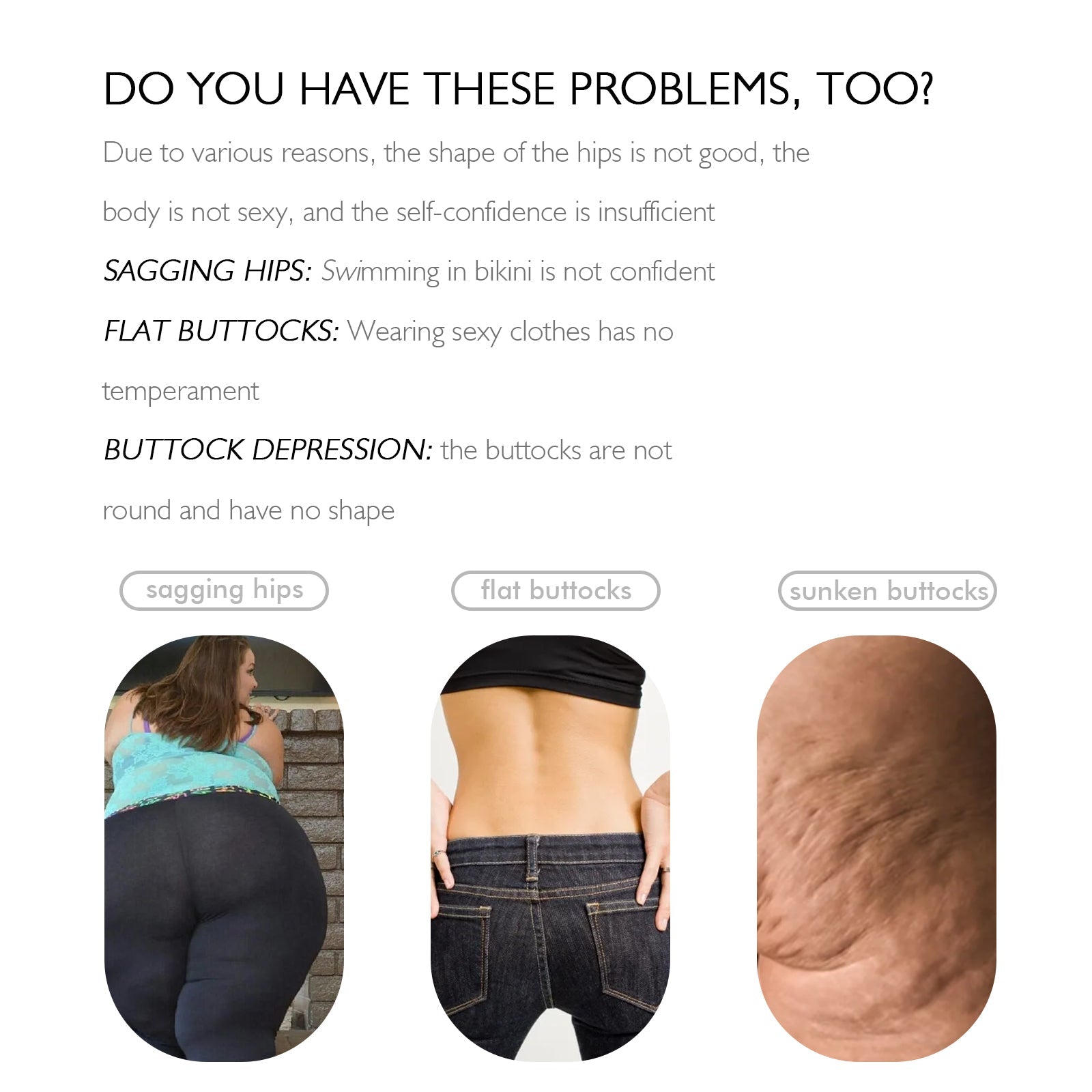 Problem-focused messaging with three body concern categories and before-and-after photography