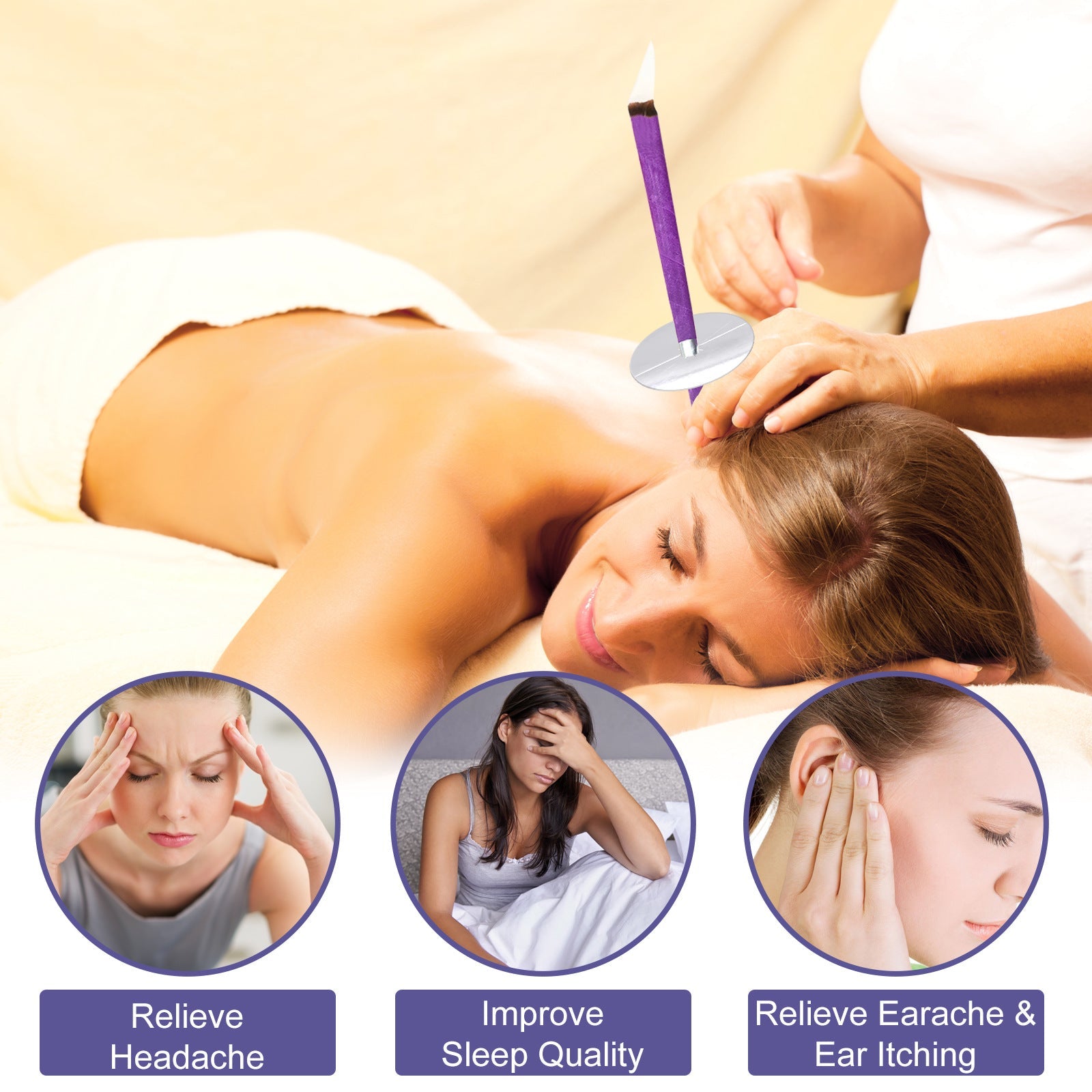 Close-up of ear candling application with woman in spa setting and three circular benefit icons below showing headache relief, sleep improvement, and ear itch relief