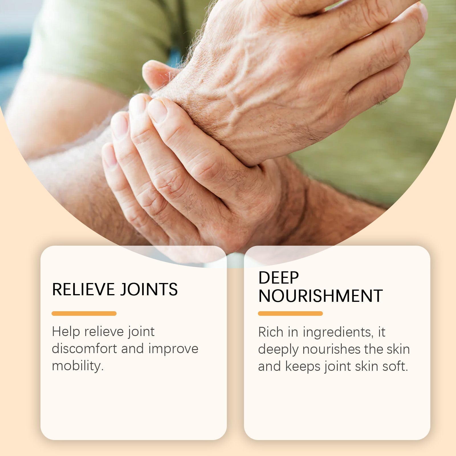 Two hands holding wrists together in massage pose with benefit callouts for joint relief and nourishment