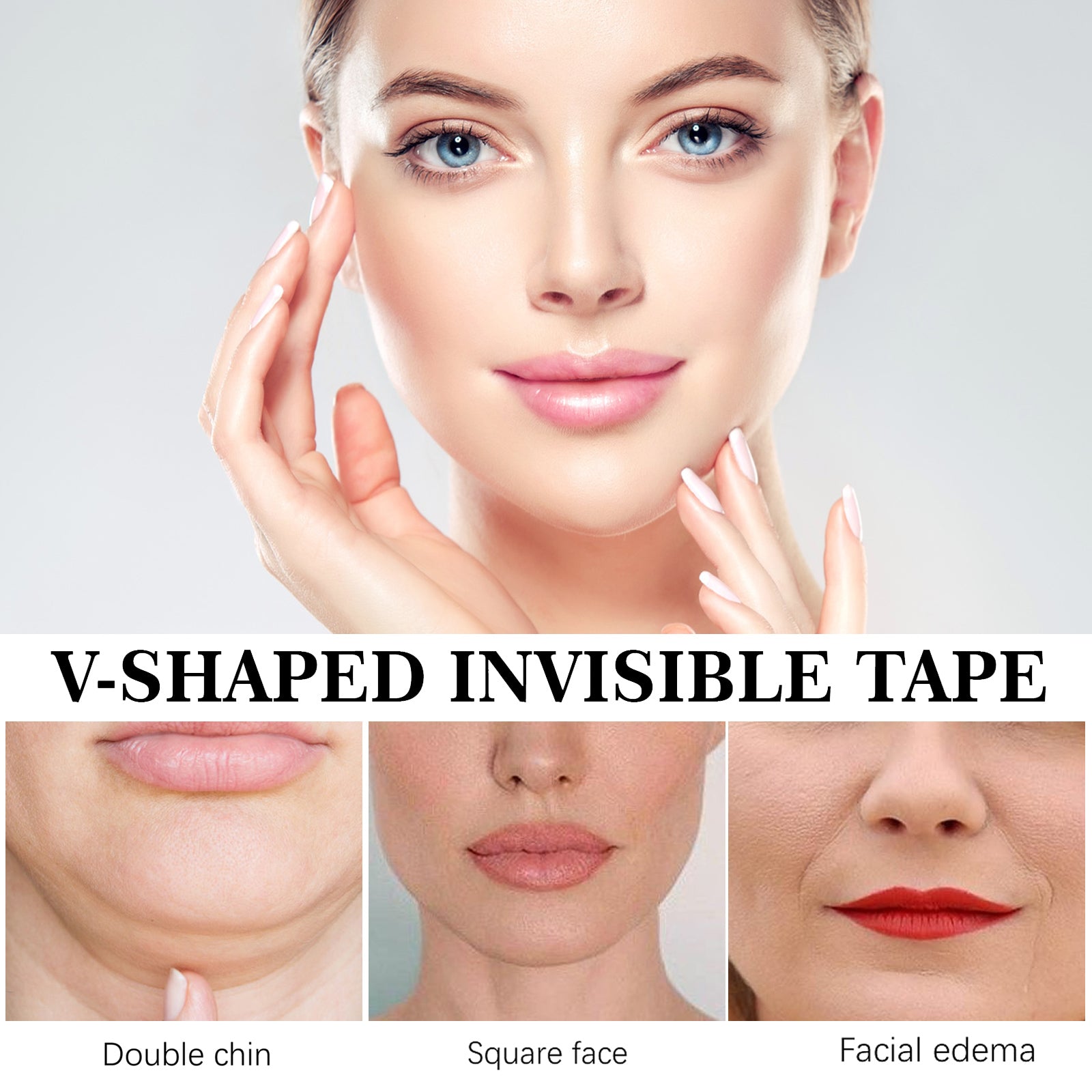 Young woman's face demonstrating lifting effect with close-up detail shots of chin, jaw, and mouth areas below