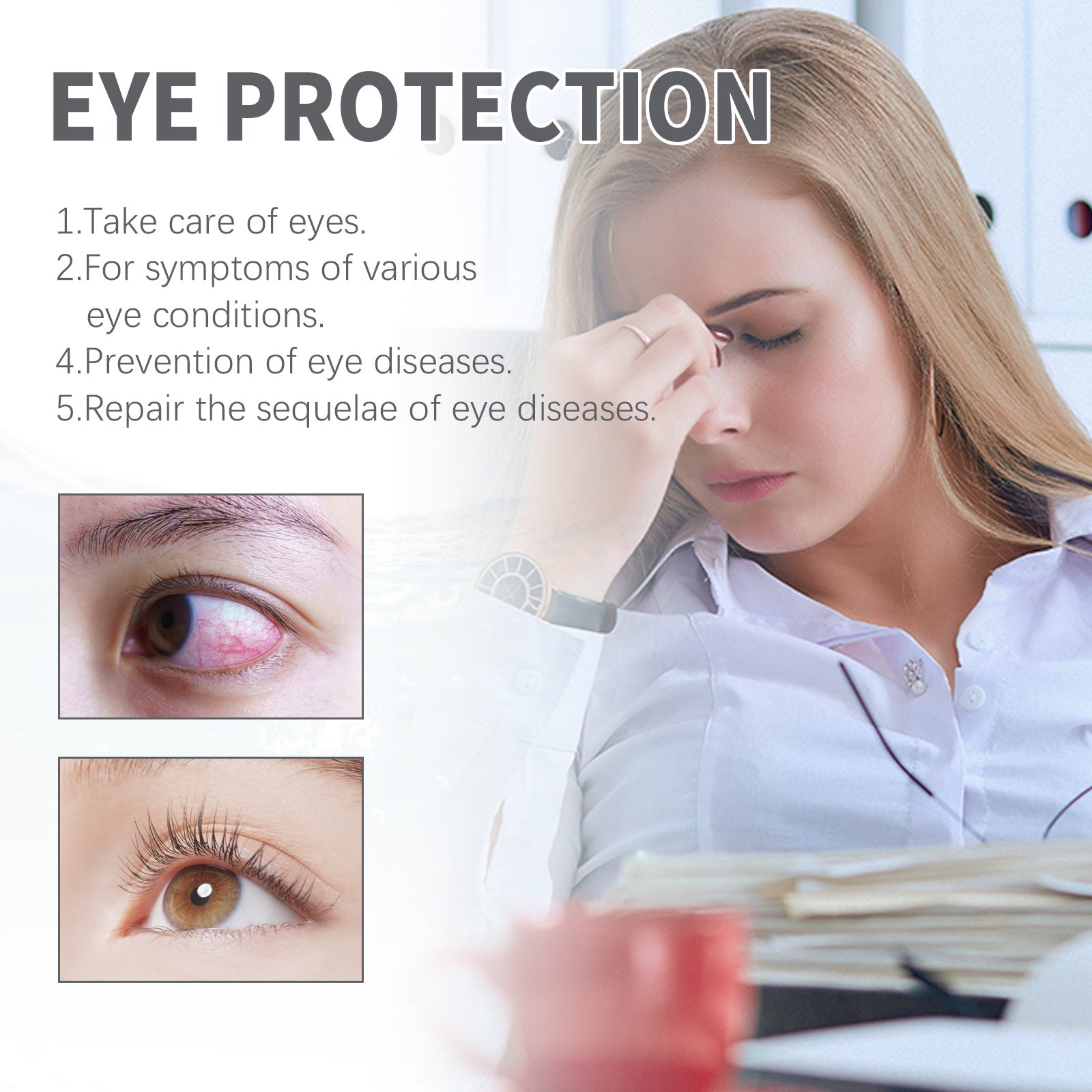 Detailed view of product box and bottle showing South Moon branding, full claims text, and illustration of healthy violet eye