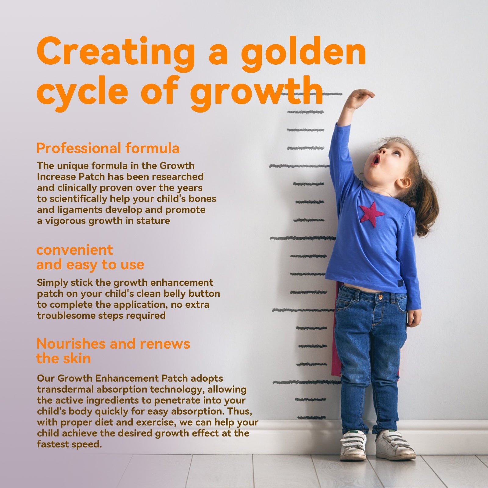 Before and after imagery with child in blue shirt showing height increase progression, illustrated with arrow indicating growth