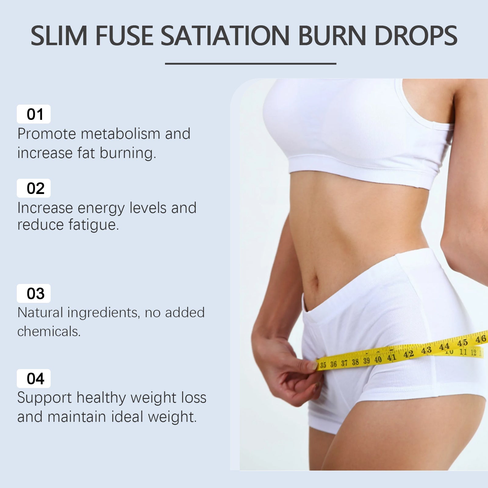 Product benefits listed as 01-04 with woman measuring waist and showing toned abs in white workout wear