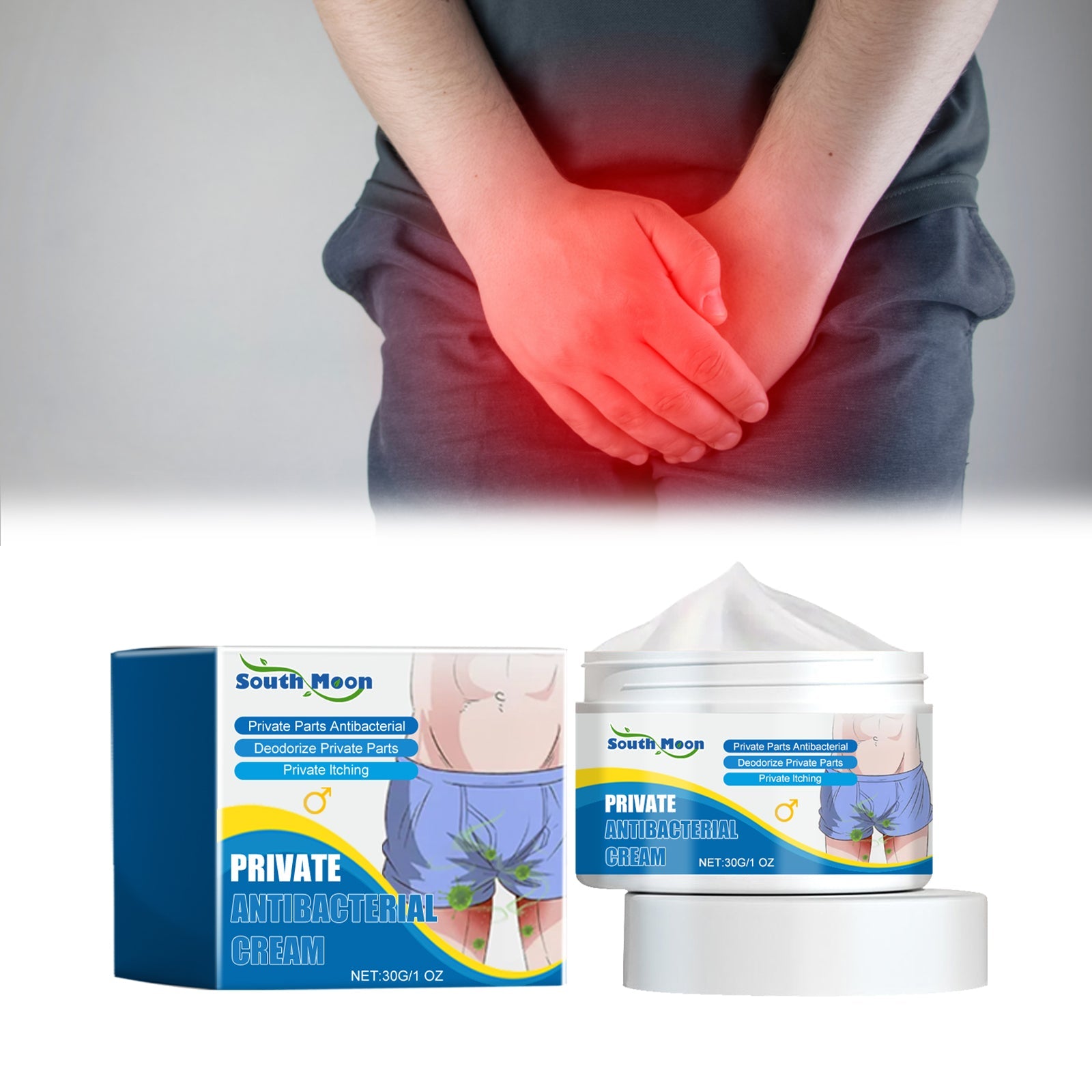 Man holding stomach/groin area with thermal red pain indicator and packaging shown at bottom