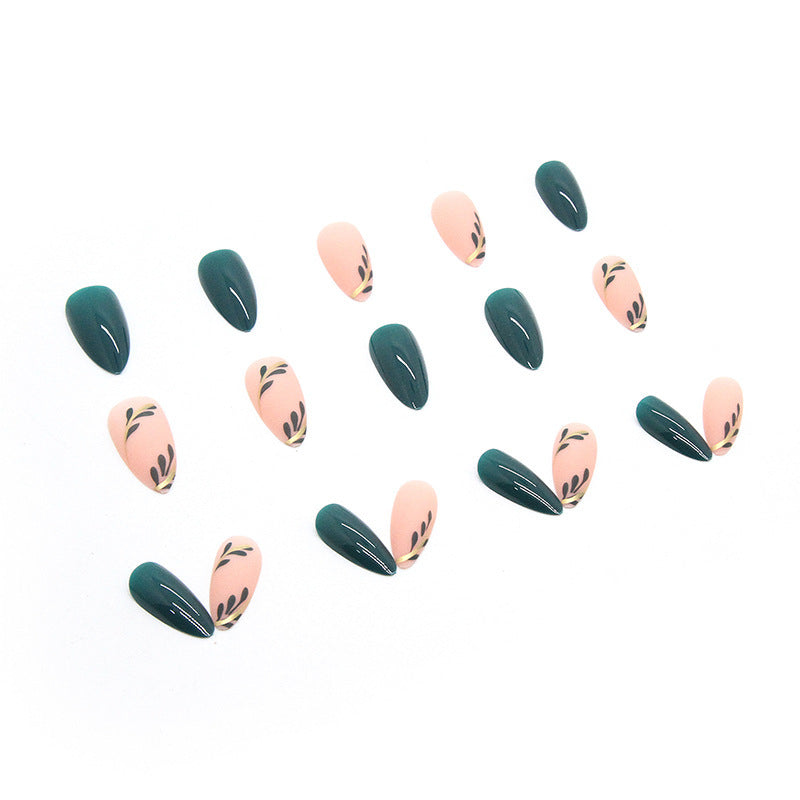 Almond Press-On Nails – Forest Green & Gold Leaf Design