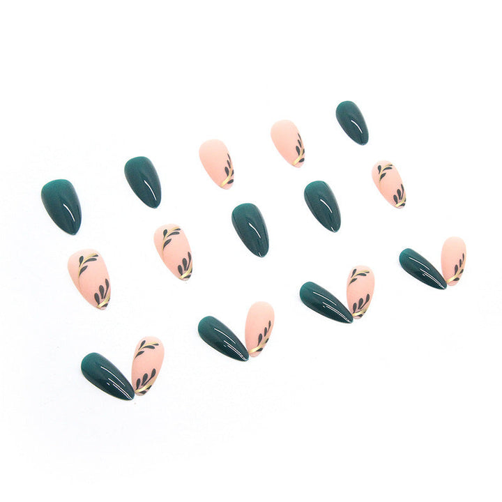 Almond Press-On Nails – Forest Green & Gold Leaf Design