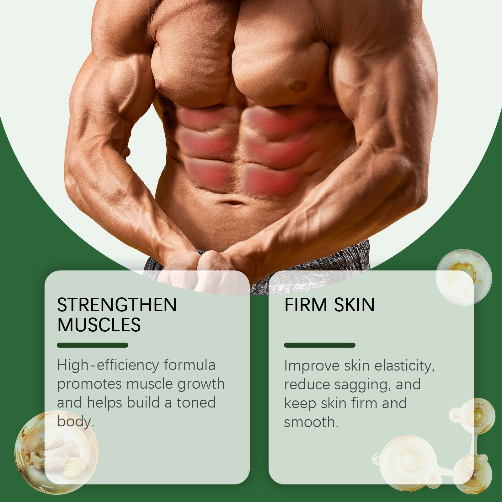 Close-up of muscular male torso with hands framing abdominal area against soft green background, with red highlighted muscle zones indicating activation areas