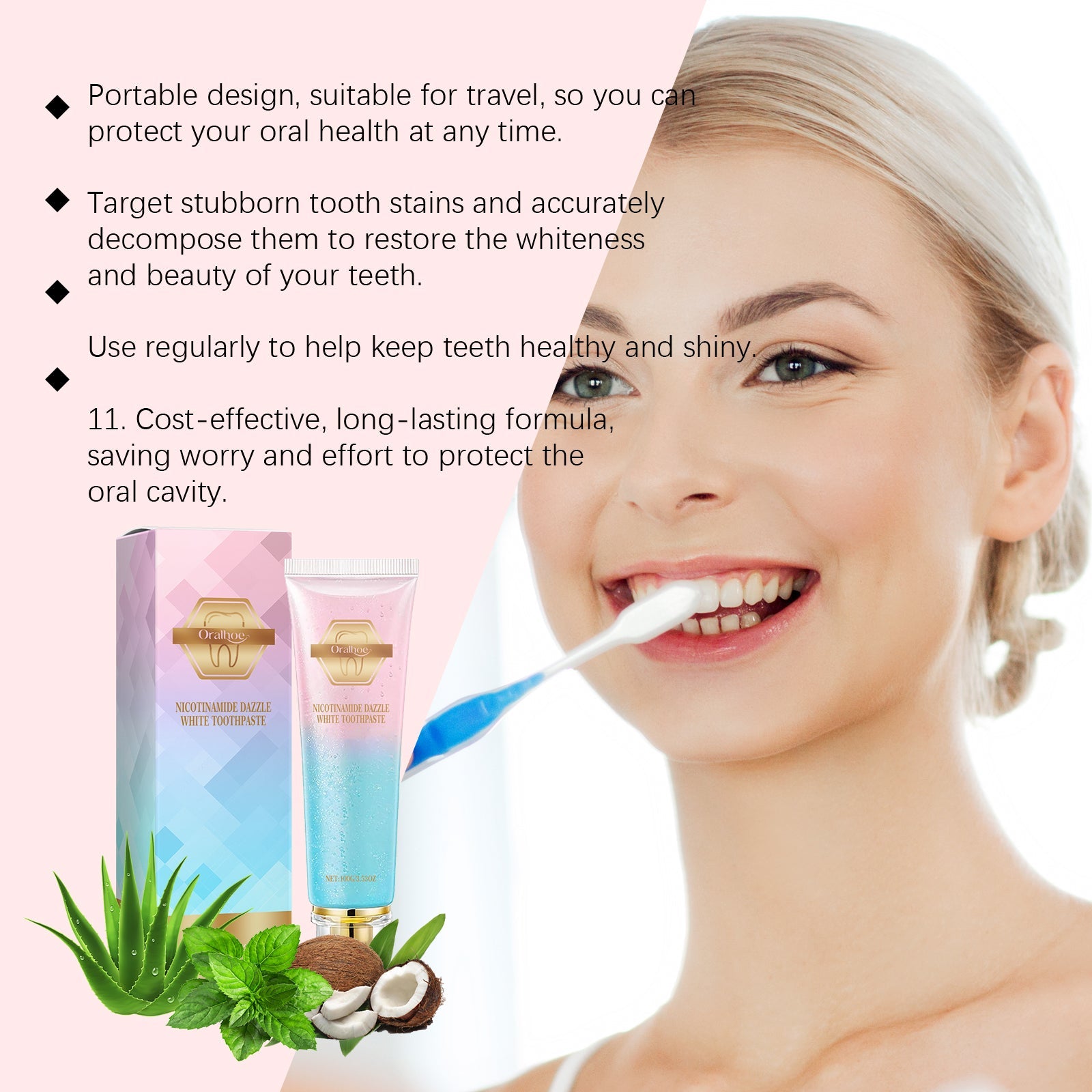 Woman applying toothpaste with brush, demonstrating usage; bullet-point claims about portability, stain-targeting, effectiveness, and cost-efficiency