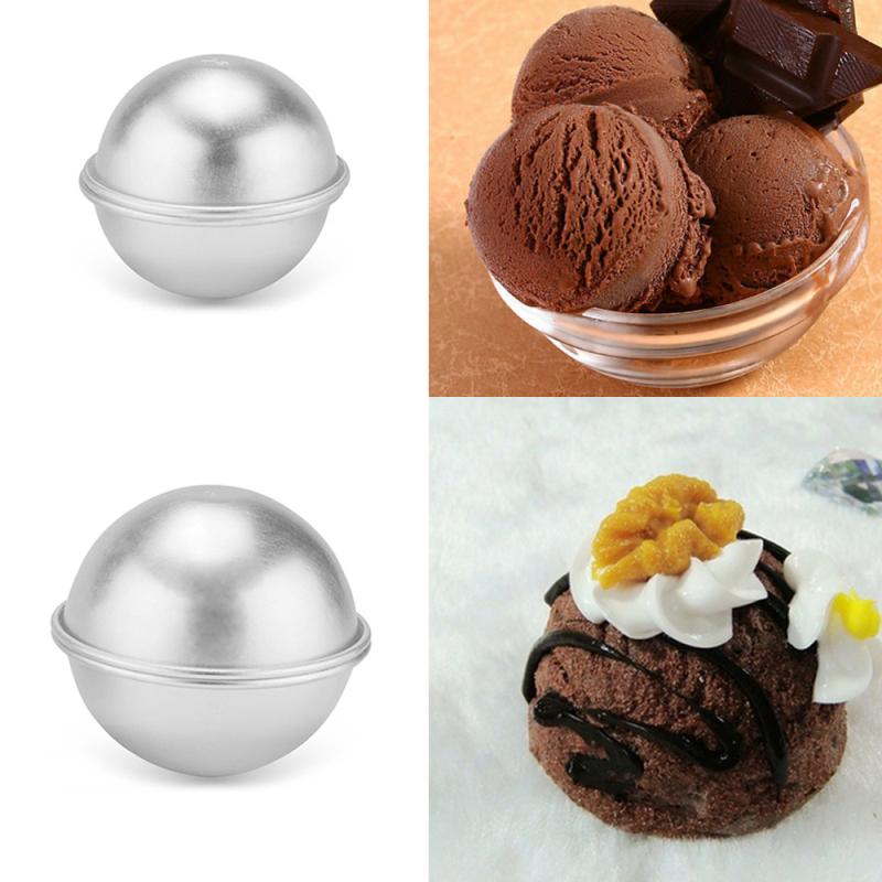 Two assembled aluminum ball molds of different sizes shown against white background with chocolate ice cream and dome cake lifestyle images