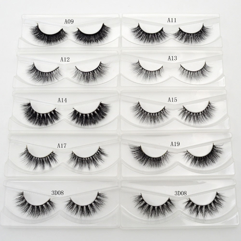Grid of 10 paired full strip styles (A09, A11-A15, A17, A19, 3D08 variations) in clear packaging