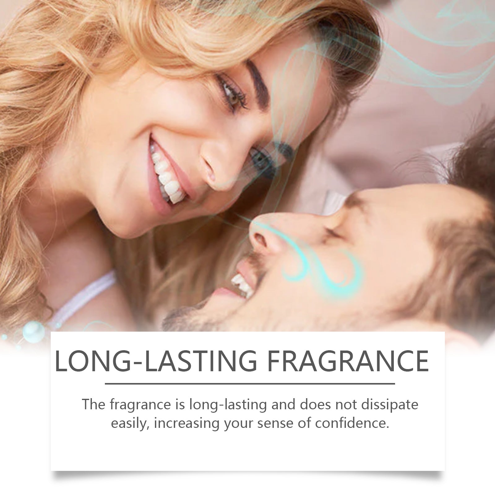 Happy couple smiling closely together with text highlighting long-lasting fragrance benefits
