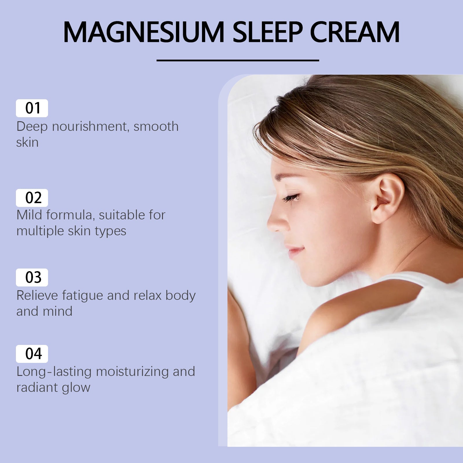 Numbered feature list with profile of woman showing smooth, hydrated skin and refined complexion