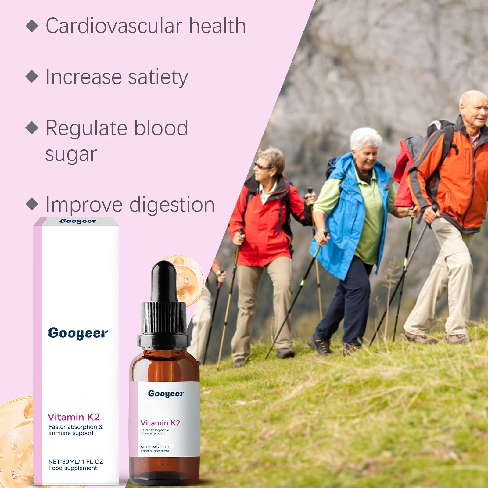 Senior adults hiking outdoors with benefit icons listing cardiovascular health, satiety, blood sugar regulation, digestion