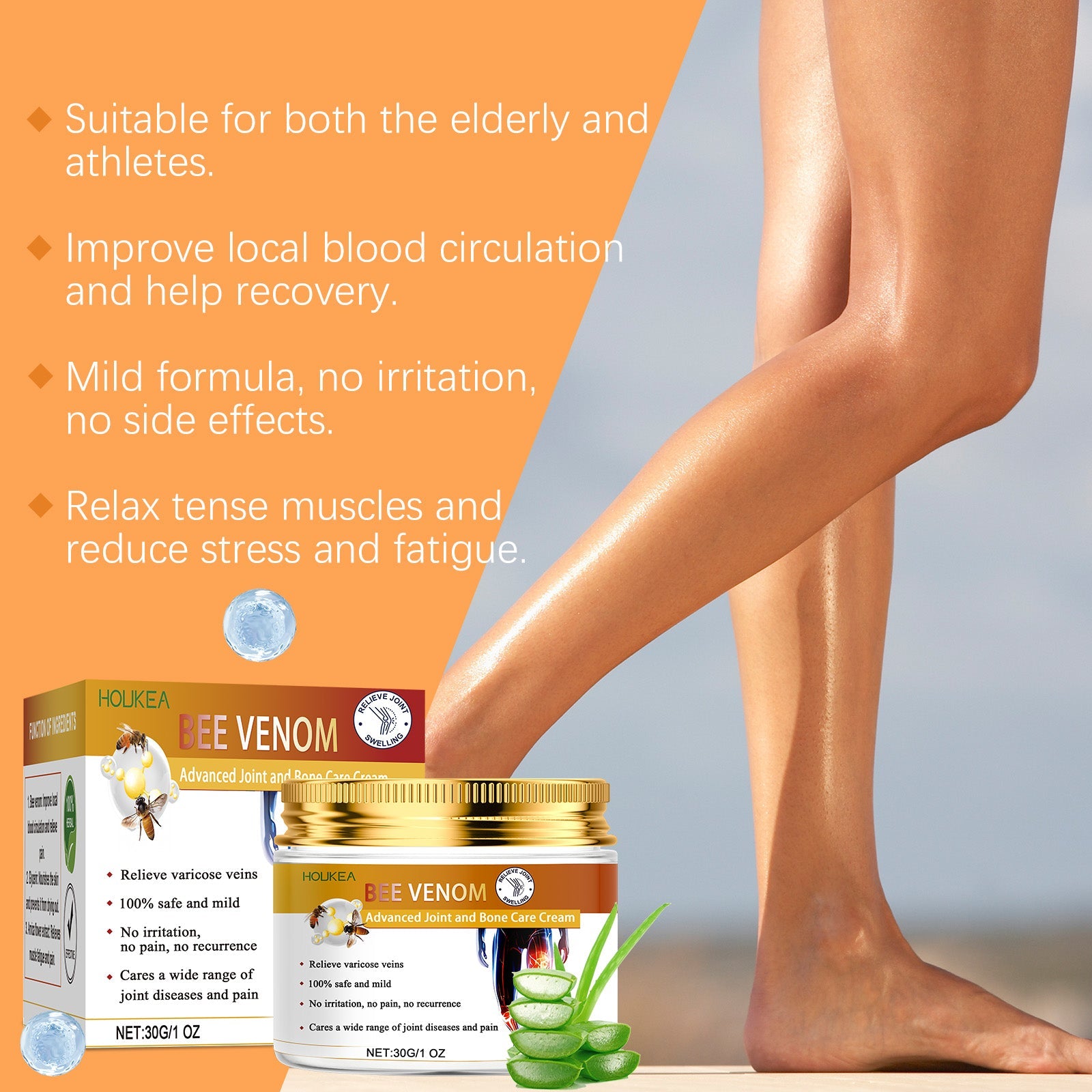 Close-up of leg showing prominent varicose veins with hands applying/demonstrating cream, with orange background and ingredient callouts (water droplet, aloe vera)