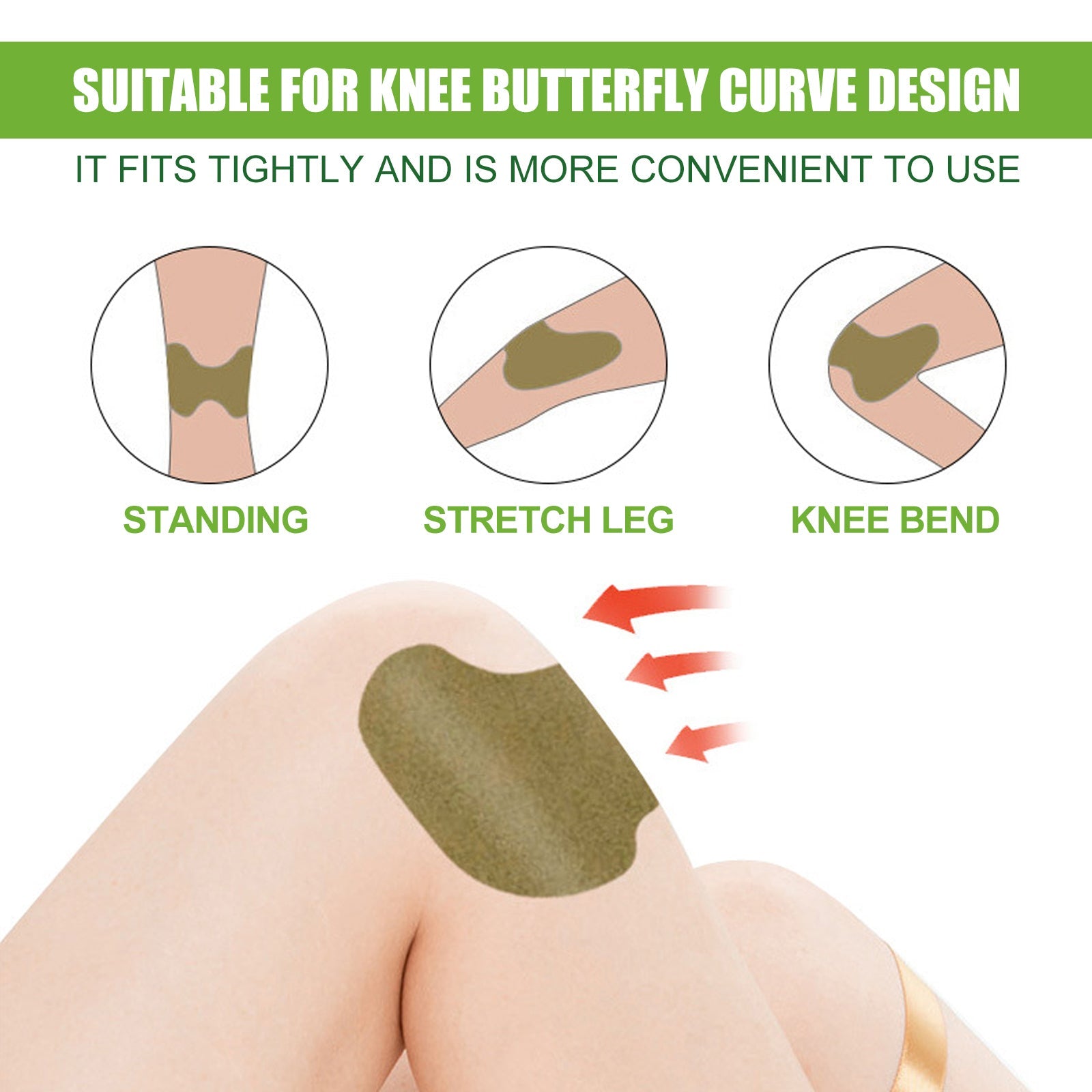 Instructional diagrams showing butterfly patch placement on knee in standing, leg stretch, and knee bend positions with contour fit illustrations