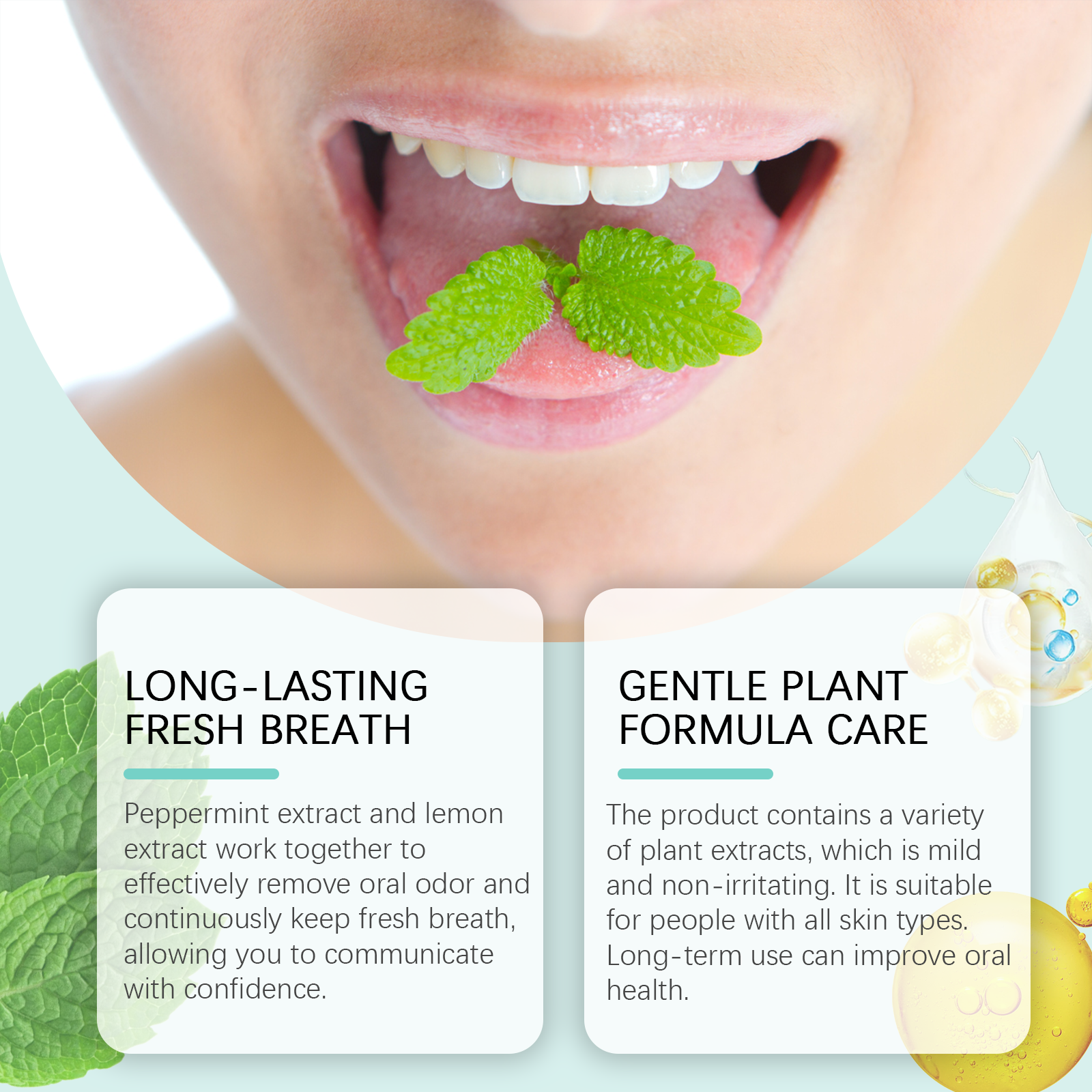 Young woman smiling brightly with healthy teeth and fresh breath confidence pose against mint green background