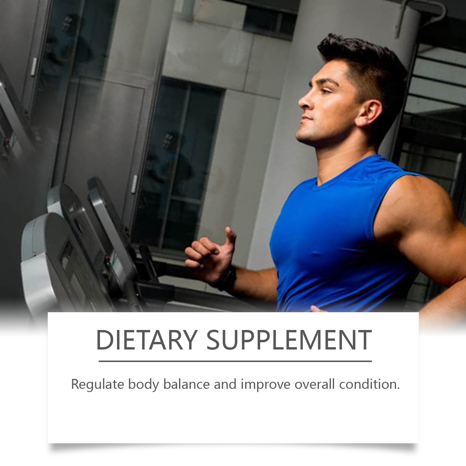 Young athletic man in pink vest with balance and inflammation relief benefit cards plus ingredient imagery