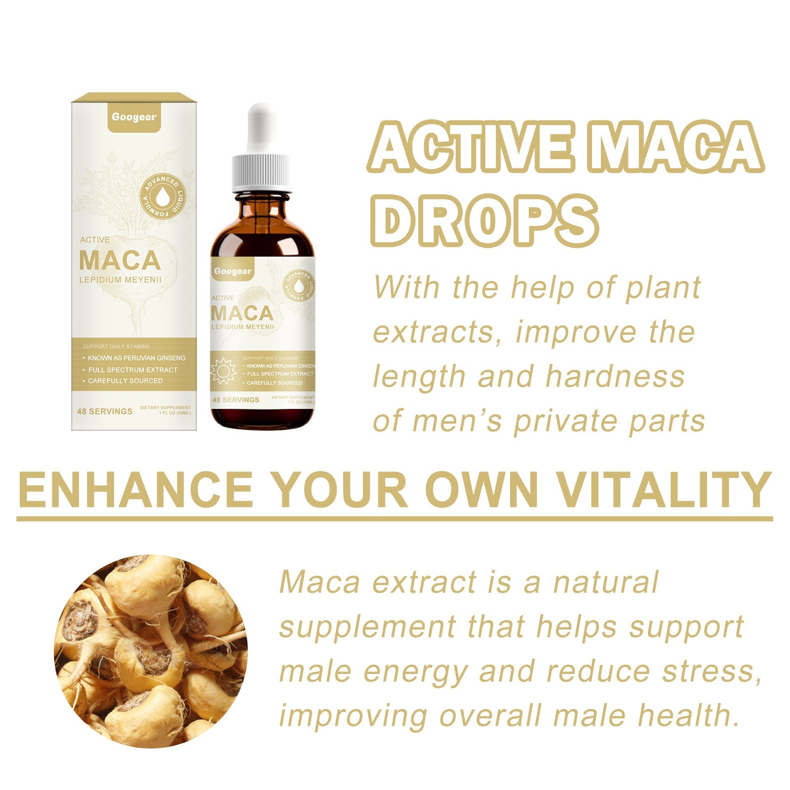 Product bottle and box with descriptive text: 'improve the length and hardness of men's private parts' and 'Enhance your own vitality' with maca root image