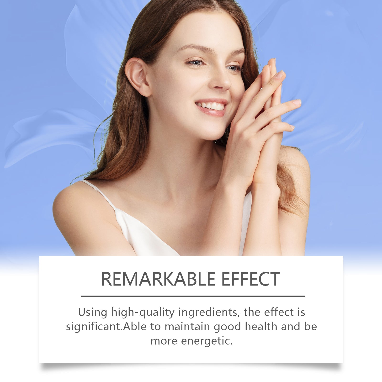 Young woman with healthy glowing skin against blue background with text 'Remarkable Effect' and description of ingredient quality and health benefits