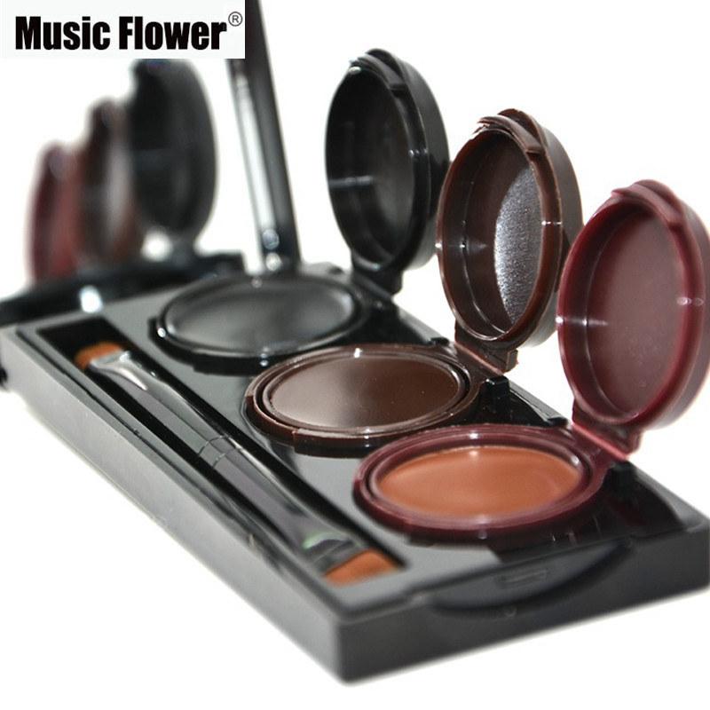 Music Flower brand packaging box with colorful stripe design and lifestyle image of defined eyebrows and eyeliner application