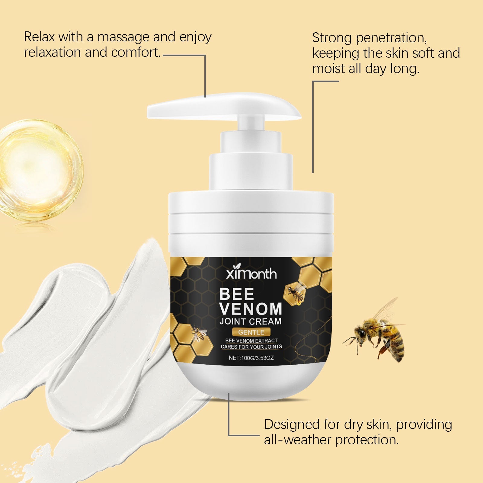 Product jar with pump surrounded by cream swatches, bee ingredient, and benefit callouts on pastel gold background
