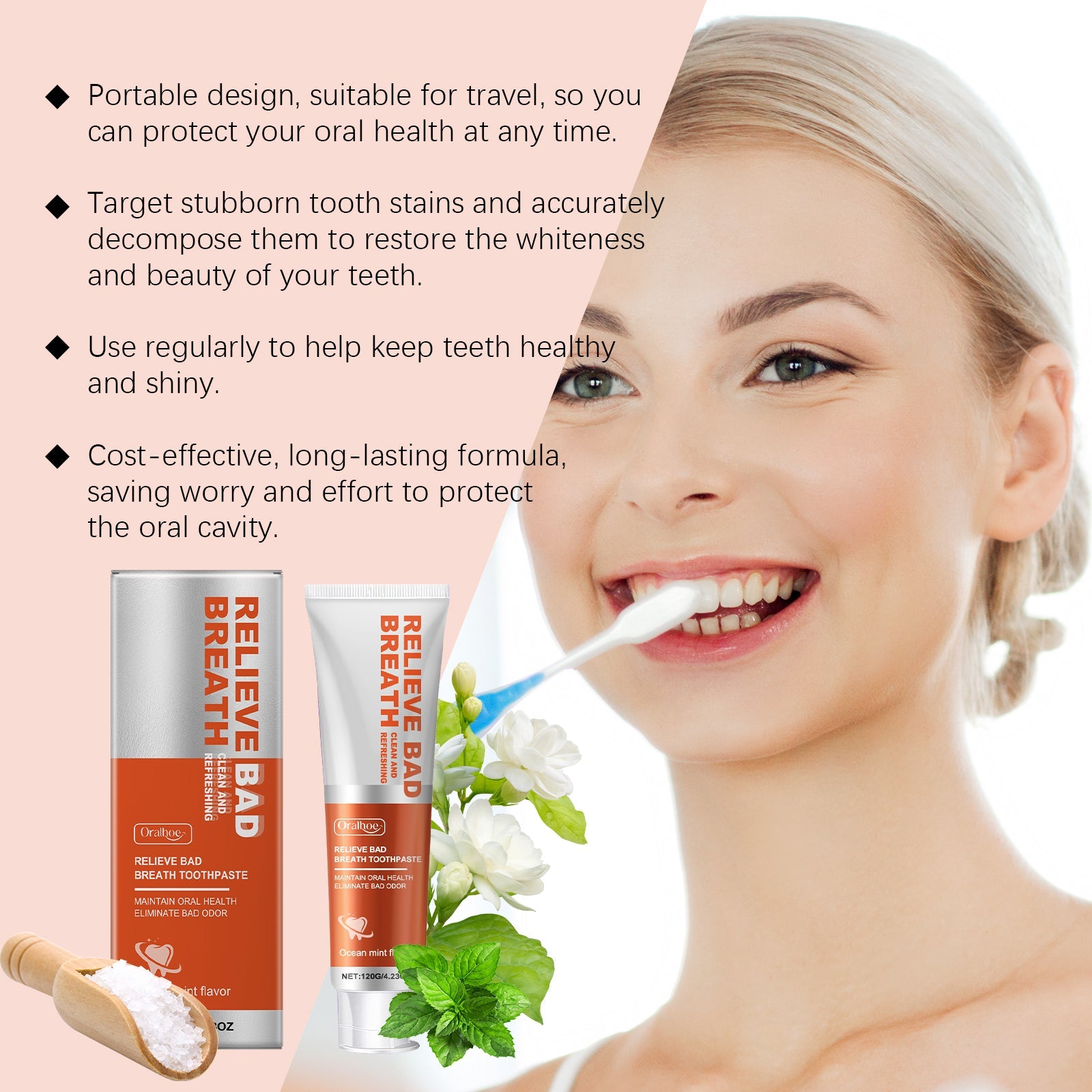 Close-up of smiling woman's mouth with white teeth and pink lips; products positioned on left against orange gradient background