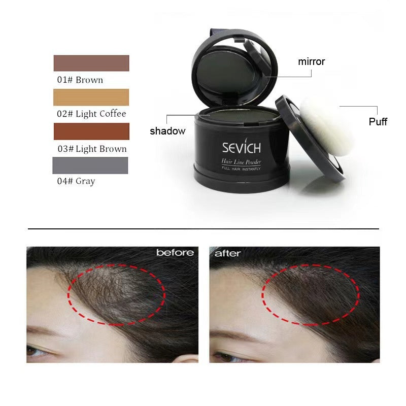 Open jar displaying black and light powder with puff applicator, plus close-up before/after hairline comparison and full shade range swatches
