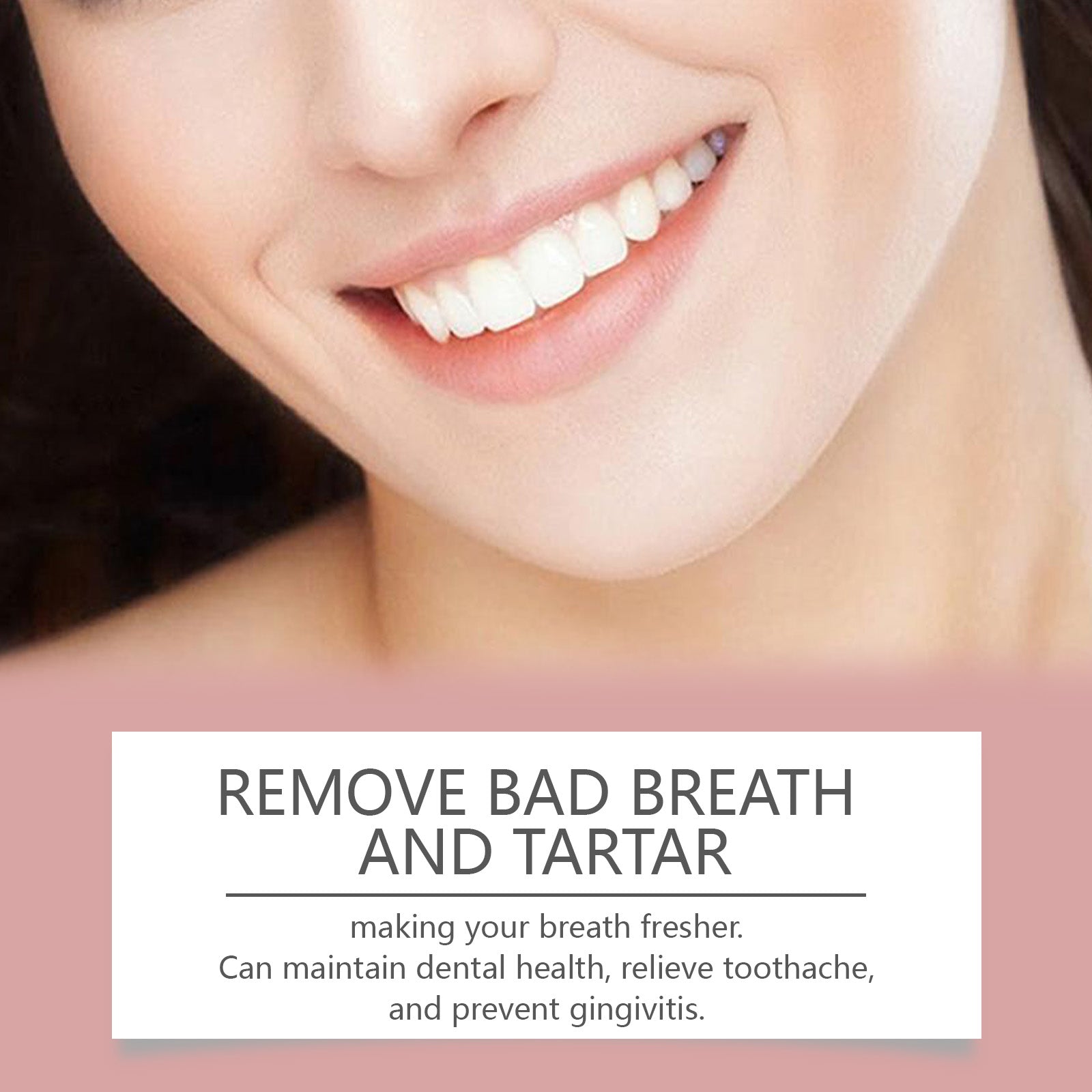 Close-up of woman's bright white teeth and healthy pink gums with smile against pink background