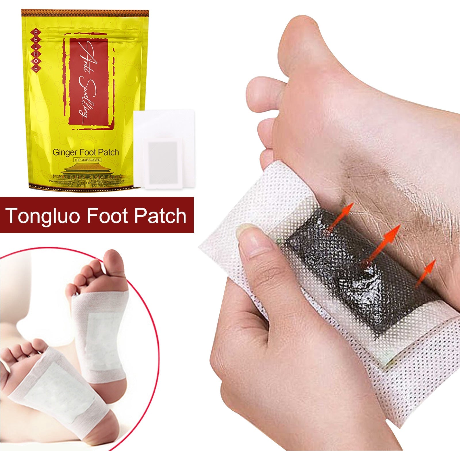 Foot holding activated patch with visible dark discoloration and extraction marks, showing toxin removal results