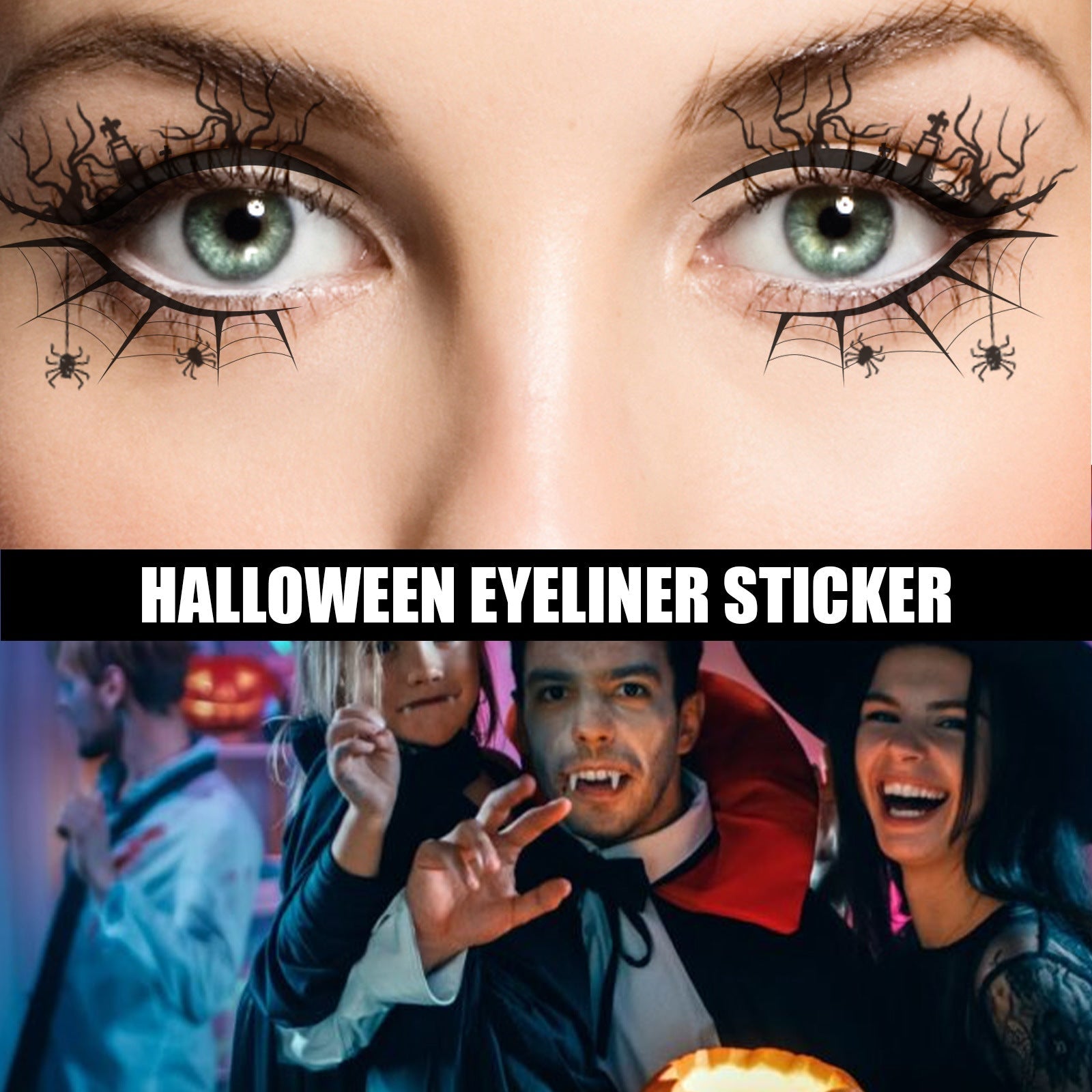 Four pairs of symmetrical Halloween eyeliner sticker designs featuring gothic themes with tree roots, lightning bolts, spider webs, haunted castles, and skulls