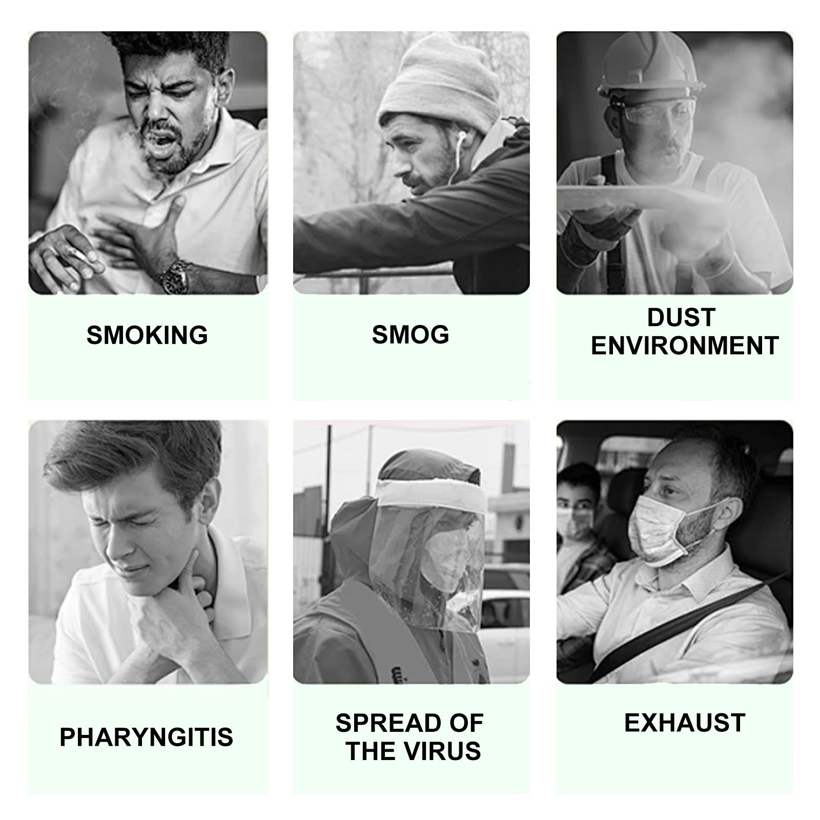Woman using lung cleansing spray with lifestyle imagery showing multiple use scenarios and respiratory relief benefits