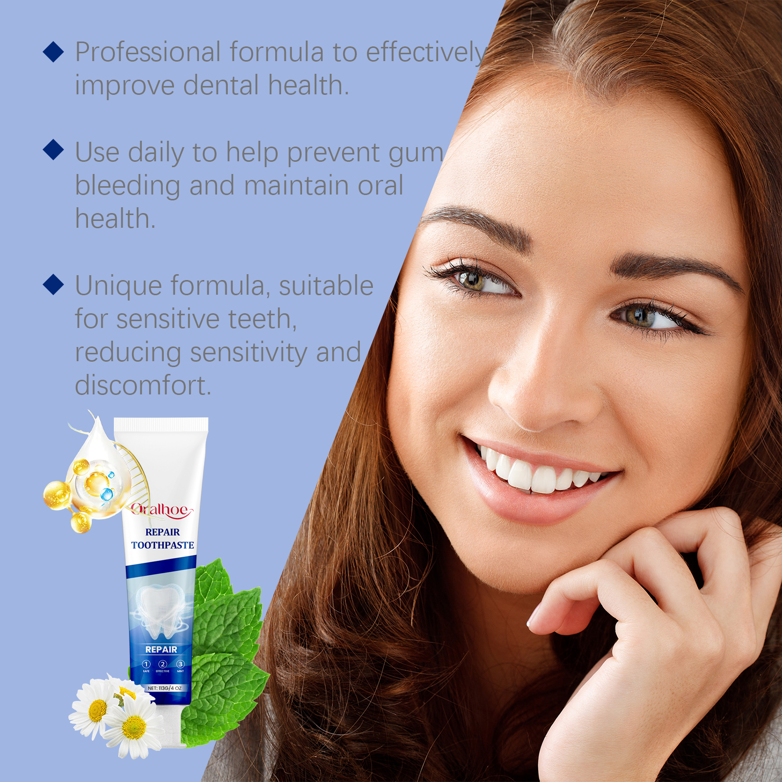 Woman smiling with product tube displayed alongside botanical ingredients including daisies, mint leaves, and golden ingredient spheres on blue background