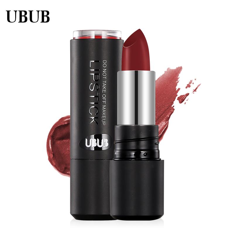 10 UBUB lipsticks arranged in professional display showing silver chrome bands and matte finish