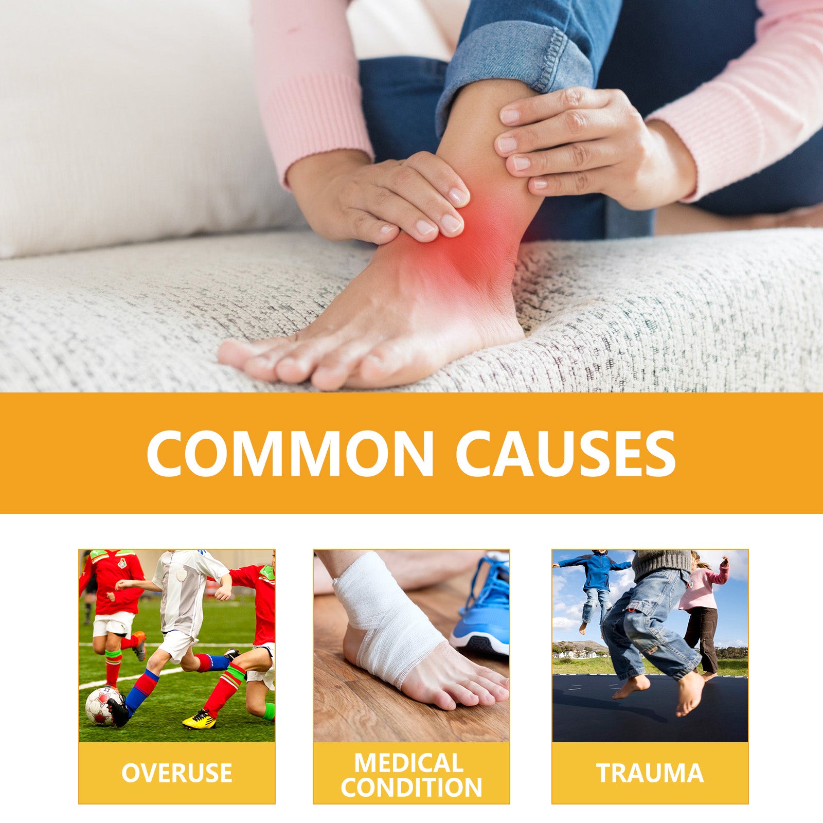 Split-screen showing ankle pain before and after treatment; product ingredients displayed with bee, turmeric root, and golden serum droplet; lifestyle image of person holding red-inflamed shoulder area