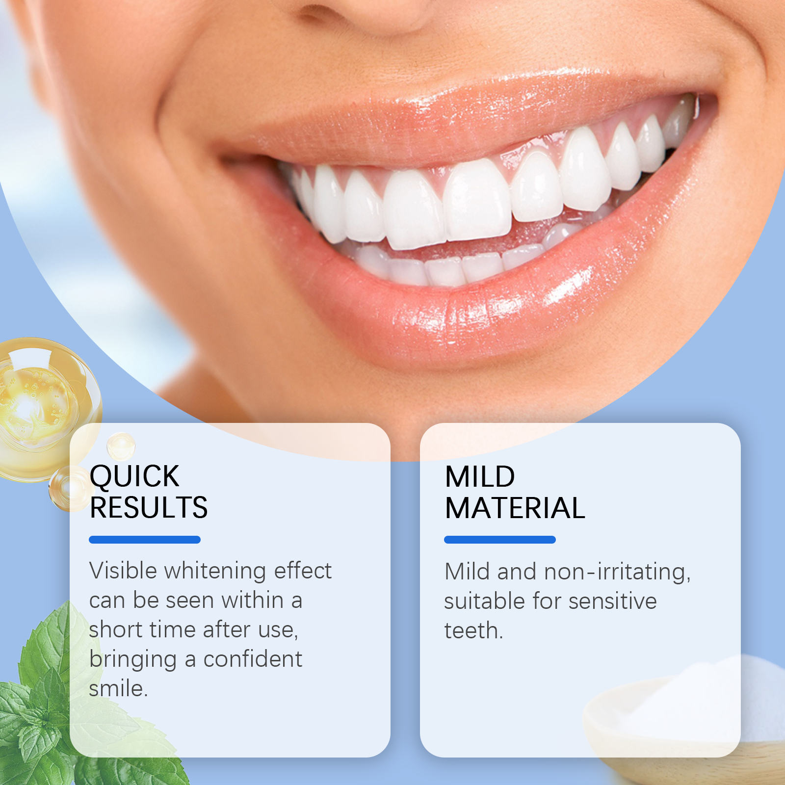 Woman applying strip with healthy smile visible; inset before/after close-ups of gum and teeth transformation