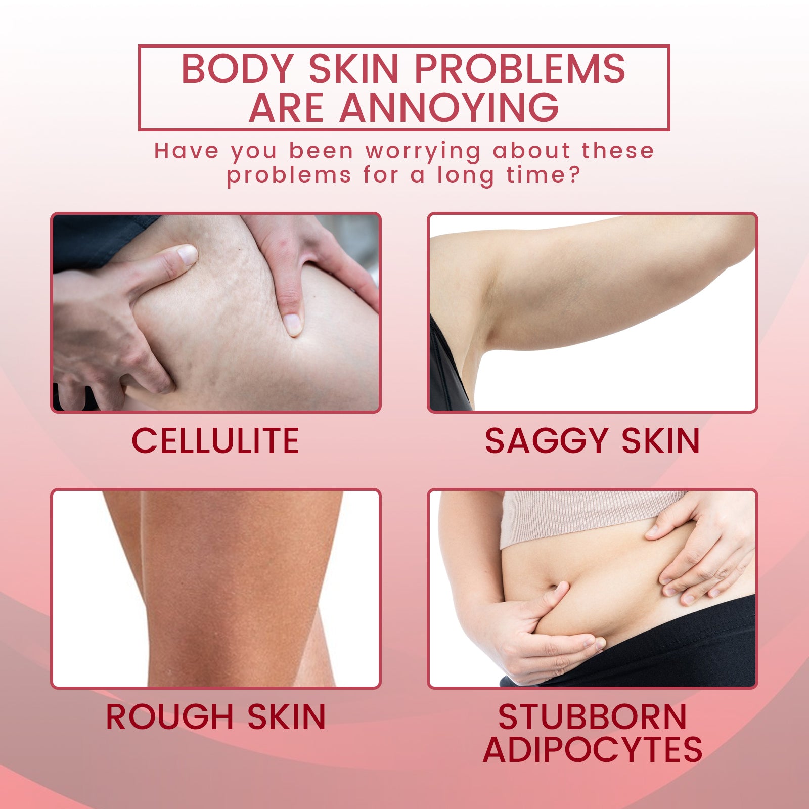 Educational chart showing four common body skin problems: cellulite, saggy skin, rough texture, and stubborn fat deposits