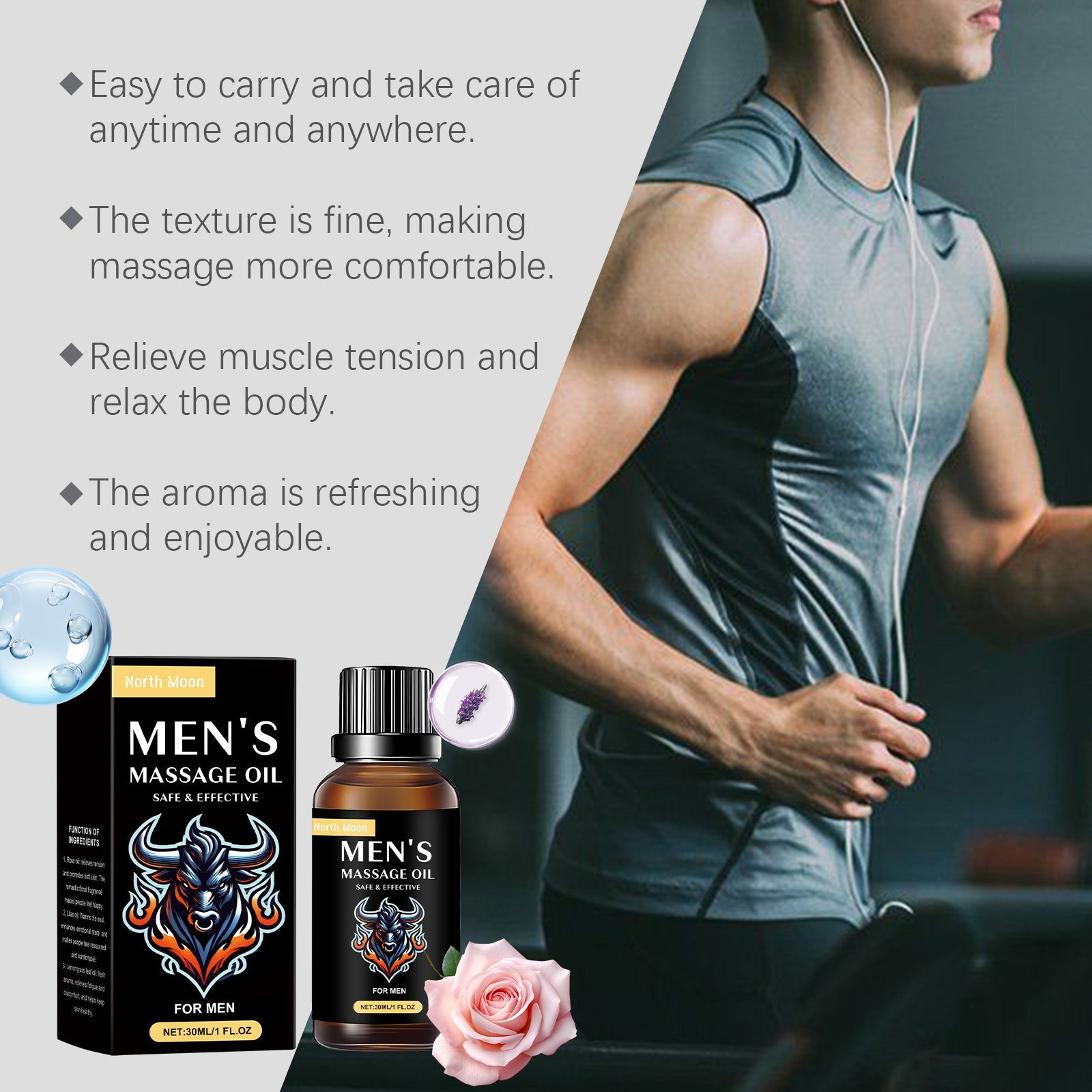 Bullet-point benefits with close-up of muscular man in athletic tank applying oil to shoulder/arm with ingredient icons