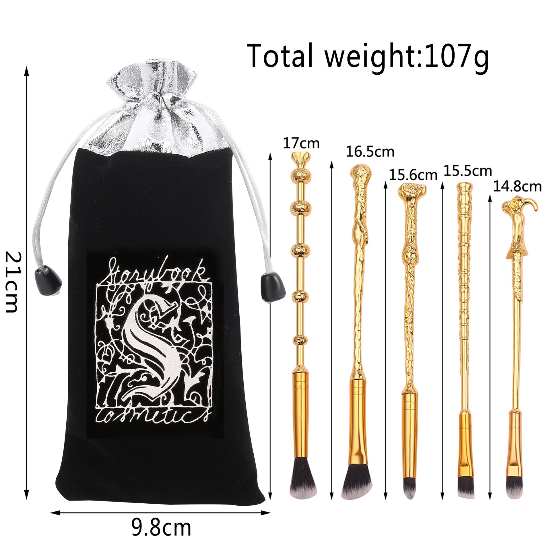 Rose gold wand brushes with dimension callouts beside two pouch variants — white cotton and black velvet — showing packaging upgrade, total weight 108g